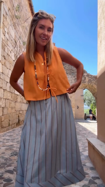 Orange Sleeveless Cropped Top and Striped Midi Skirt Set