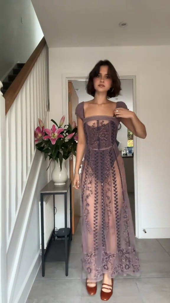 Purple Floral Embroidered Mesh Maxi Dress