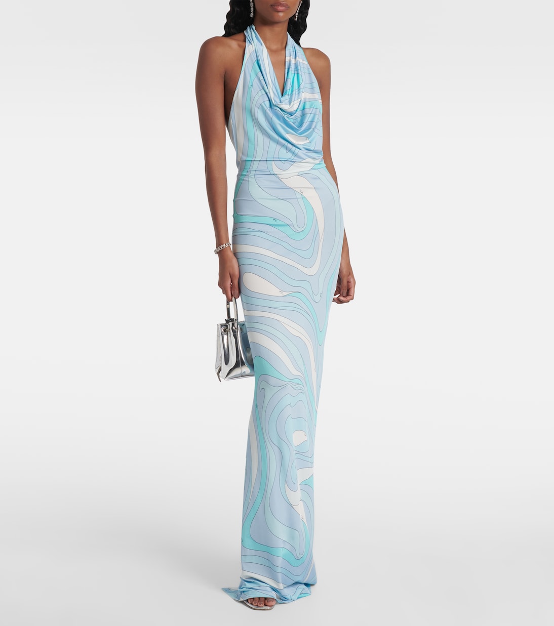 Light Blue Printed Halter Cowl Neck Maxi Dress