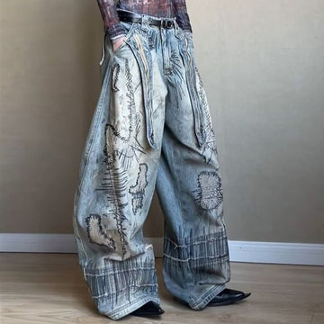 Embroidered Wide - Leg Denim Trousers