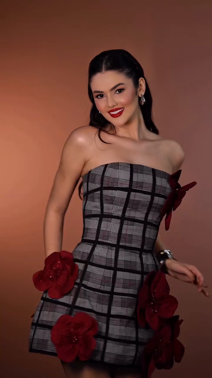 Floral Applique Check Off-The-Shoulder Mini Dress