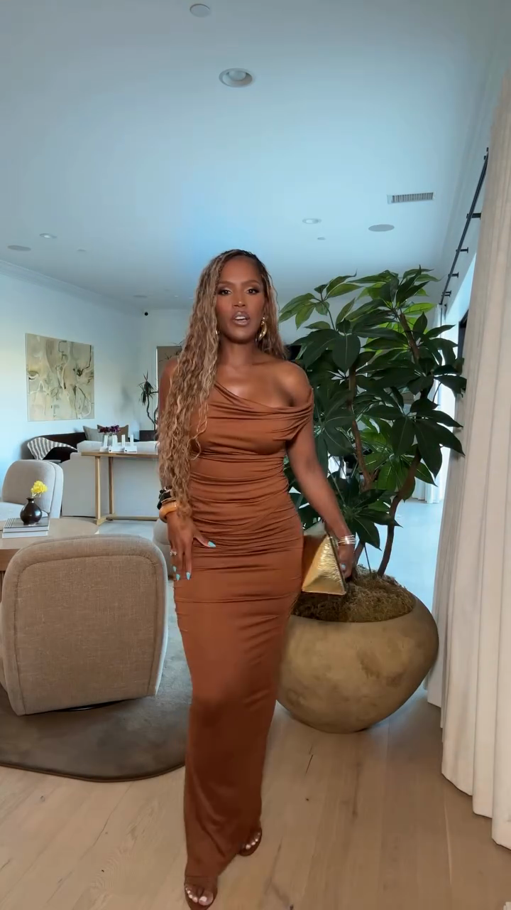 Brown One - shoulder Ruched Maxi Dress