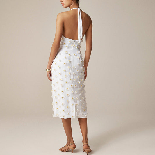 White Halter Midi Dress with Daisy Embellishments