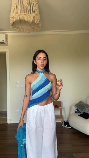 Blue Ombre Crochet Halter Top & White Wide - Leg Pants Set