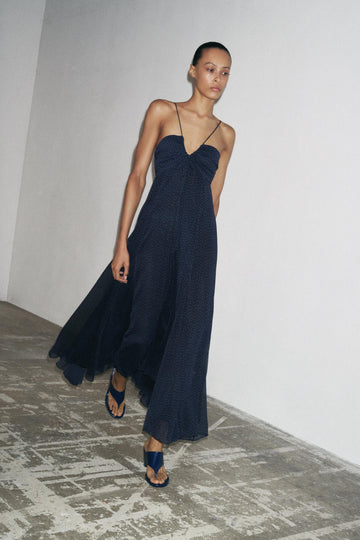 Navy Polka Dot Spaghetti - Strap Maxi Dress