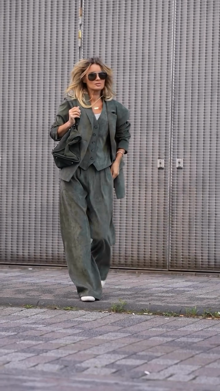 Olive Green Three - Piece Suit Set