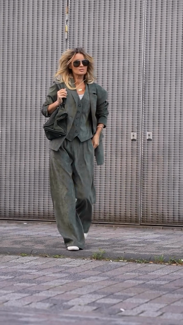 Olive Green Three - Piece Suit Set