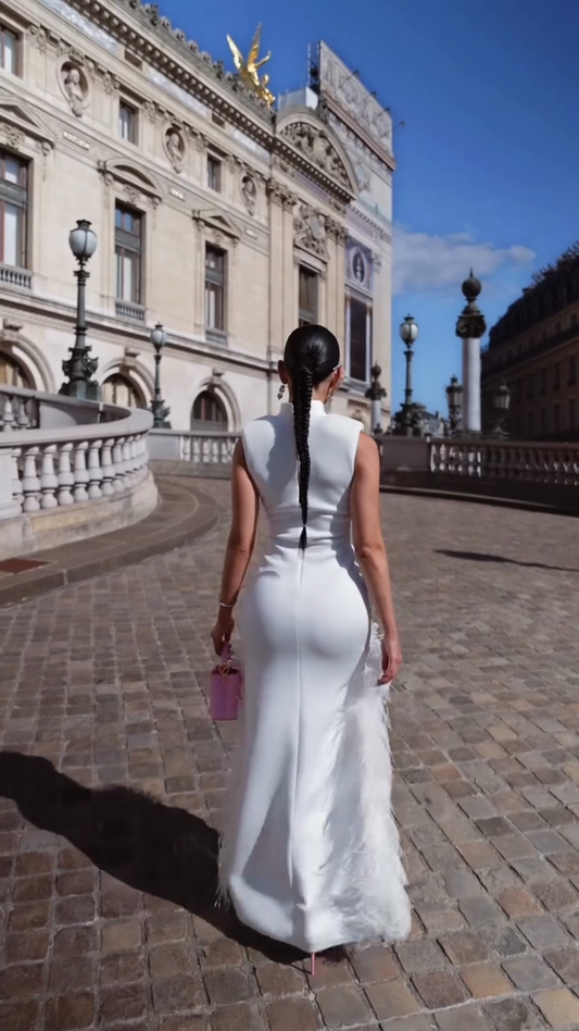 White Sleeveless Turtleneck Feather Train Mini Dress