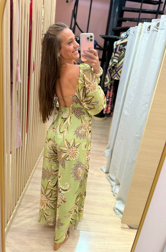 Green Floral Puff Sleeve Wide Leg Jumpsuit