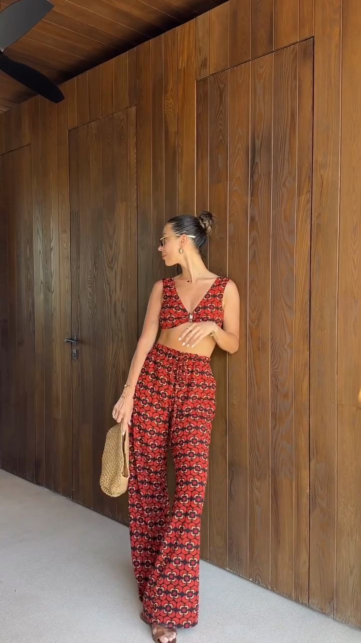 Red Patterned Cropped Top and Wide Leg Pants Set