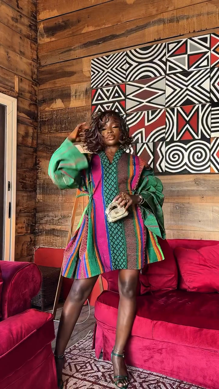 Colorful Striped and Patterned Short Dress with Wide Sleeves