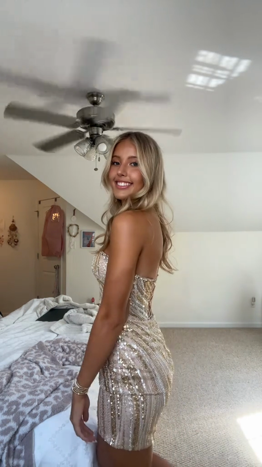 Gold Sequined Off-The-Shoulder Mini Dress