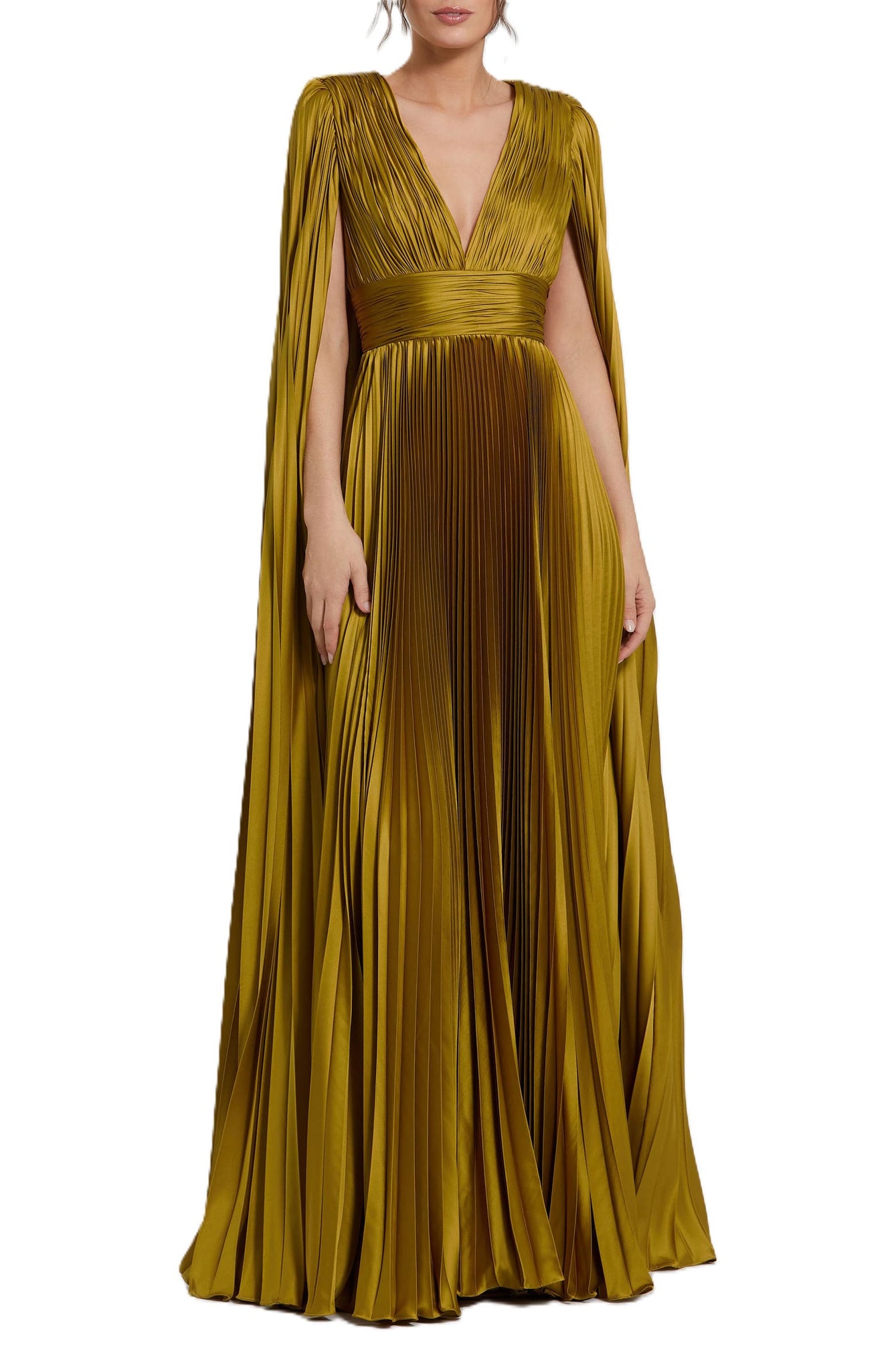 Pleated Olive  Green Cape  Sleeve Gown