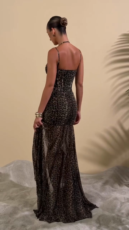 Leopard Print Halter Neck Maxi Dress