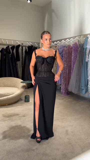 Black Lace Corset - Style Gown with High Slit