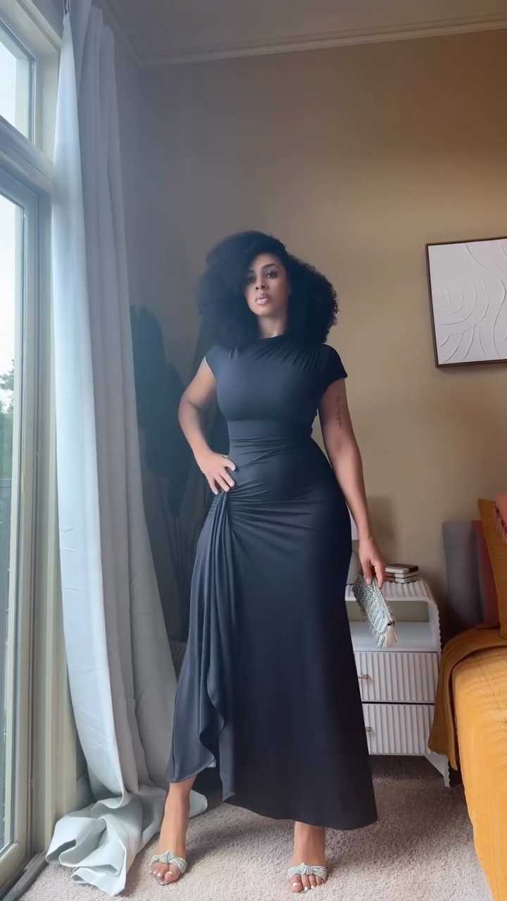 Black Ruched High - Neck Maxi Dress