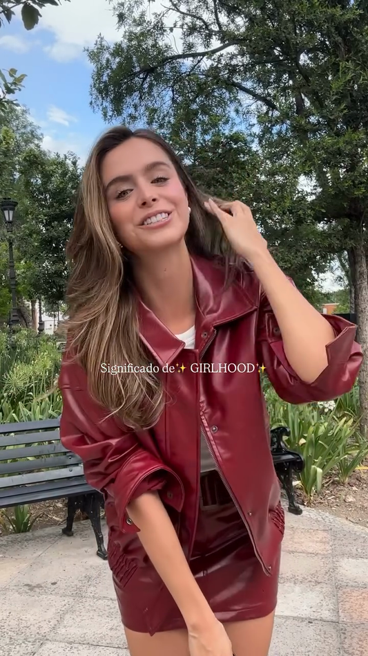 Burgundy Faux Leather Jacket & Skirt Set