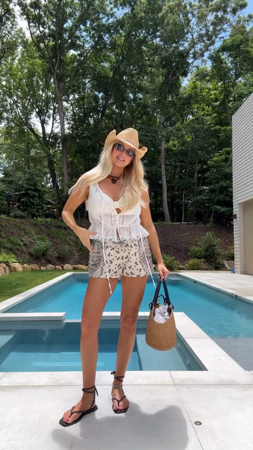 White lace ruffled top and patterned shorts set