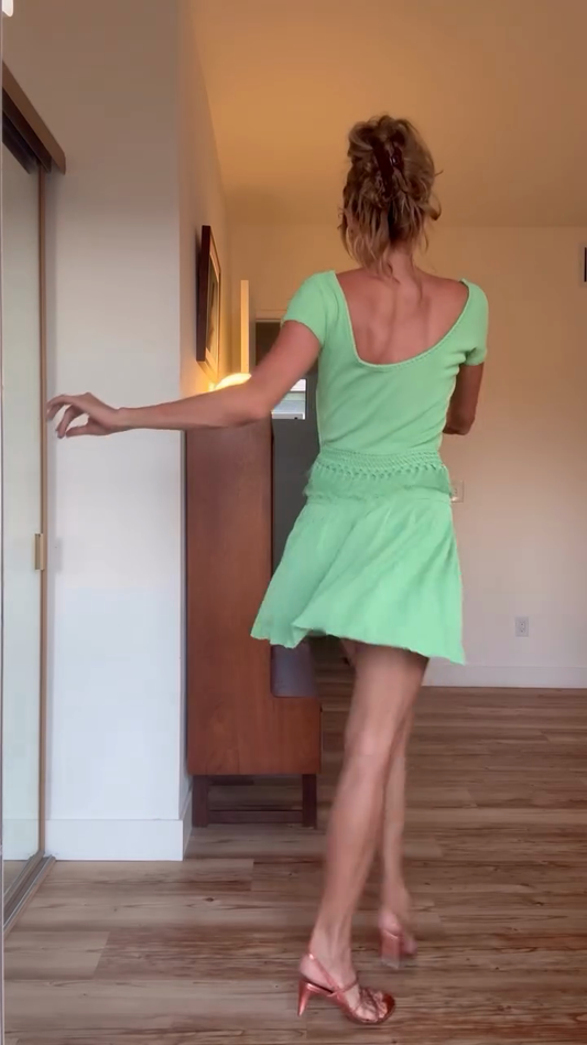 Lime Green Short - Sleeve Knit Dress with Fringe Waistband