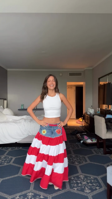 Denim Waistband Tiered Maxi Skirt with Floral Embroidery