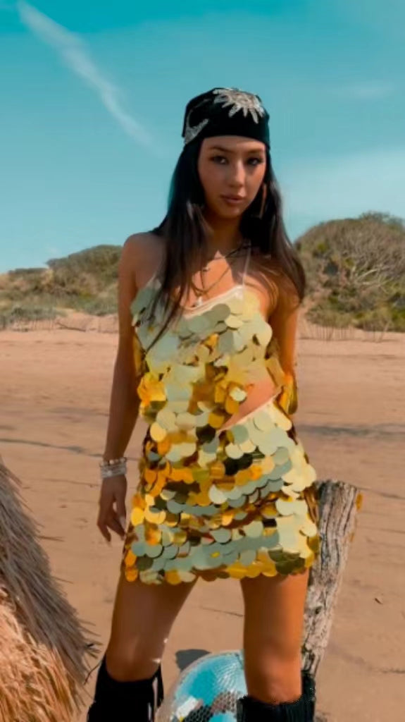Gold Sequin Spaghetti Strap Mini Dress