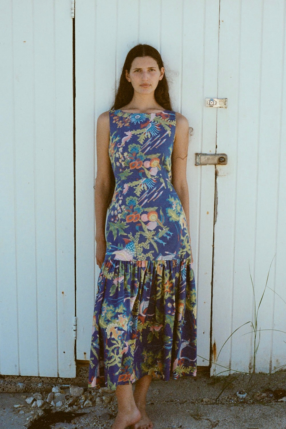 Blue Floral - Print Sleeveless Midi Dress