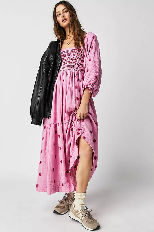 Embroidered Puff - Sleeve Maxi Dress