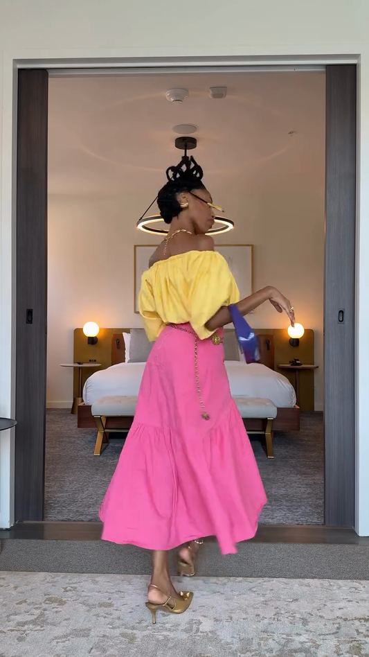 Yellow Off - Shoulder Top & Pink Asymmetric Midi Skirt Set