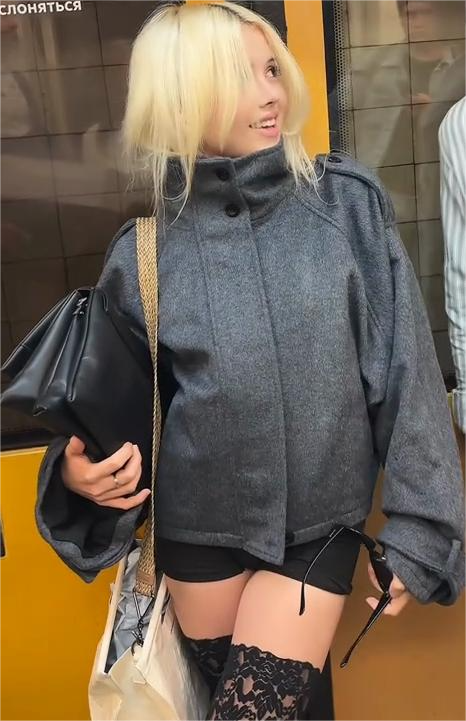 Gray Wool Blend Oversized Jacket with Stand - Up Collar