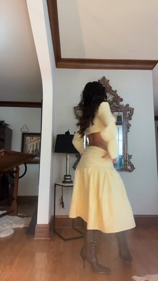 Yellow Cropped Collared Top and Pleated Skirt Set