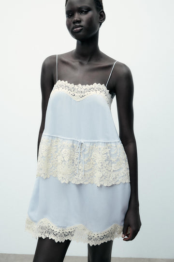 Cream Lace Trim Light Blue Multi-Layer Dress