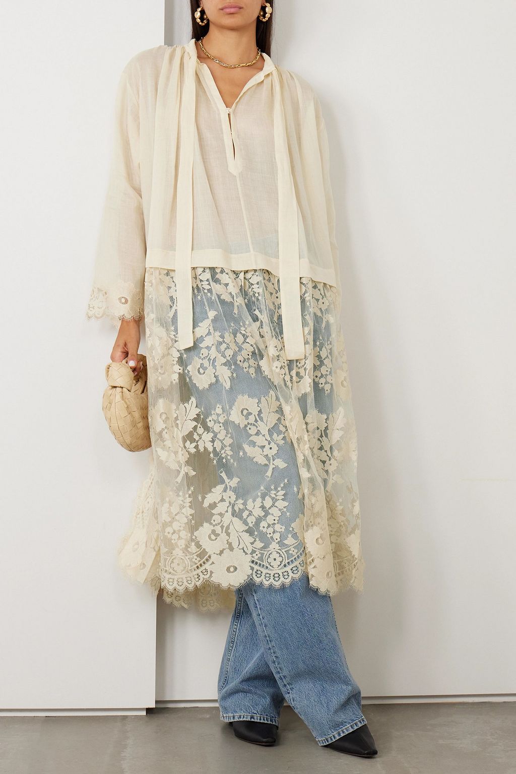 Lace - Trimmed Sheer Overlay Shirt Dress