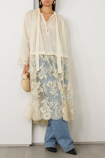 Lace - Trimmed Sheer Overlay Shirt Dress