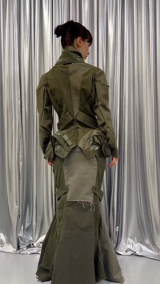 Olive Green Structured Jacket and Mermaid - Skirt Set