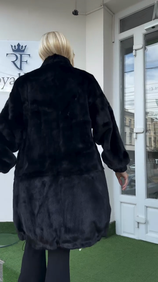 Black Faux Fur Reversible Coat with Oversized Silhouette