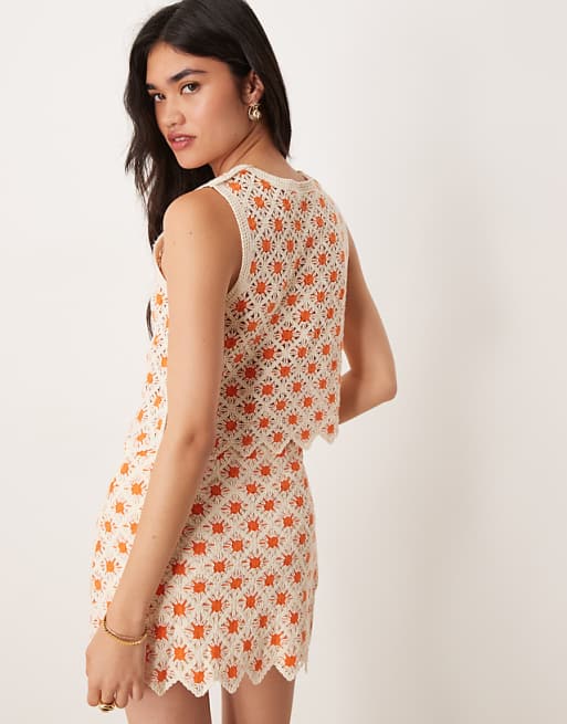 Orange Crochet Knit Vest & Skirt Set