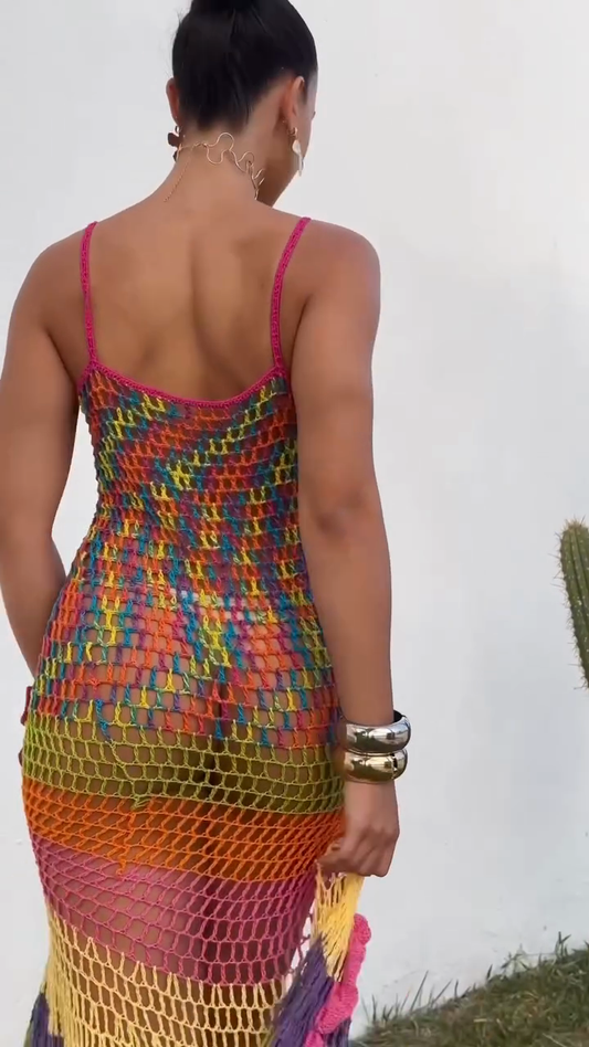 Colorful Crochet Floral Asymmetrical Dress