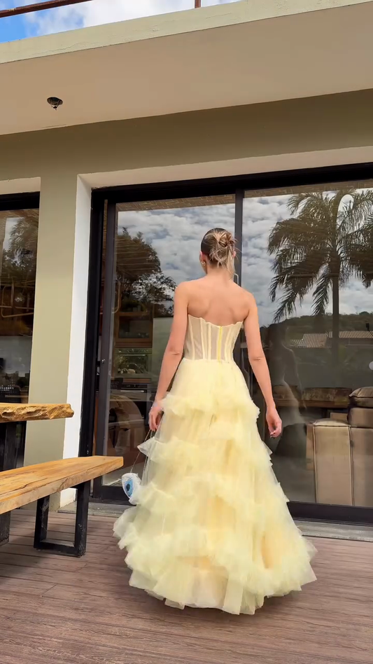 Pale Yellow Strapless Ball Gown