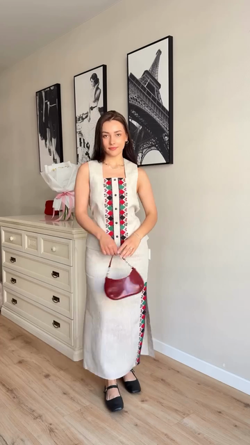 Embroidered Linen Maxi Dress with Square Neckline