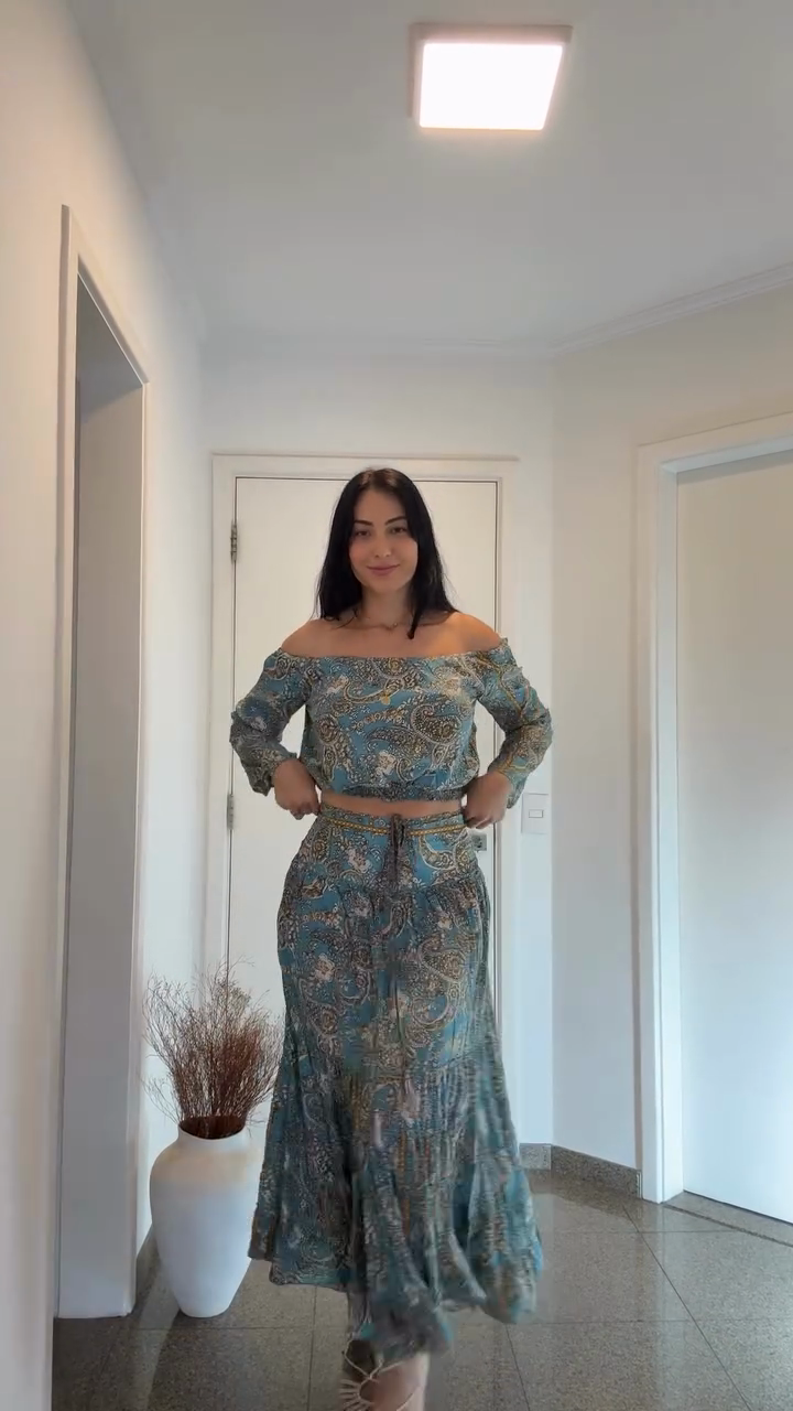 Blue Paisley Off - Shoulder Crop Top & Maxi Skirt Set