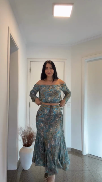 Blue Paisley Off - Shoulder Crop Top & Maxi Skirt Set