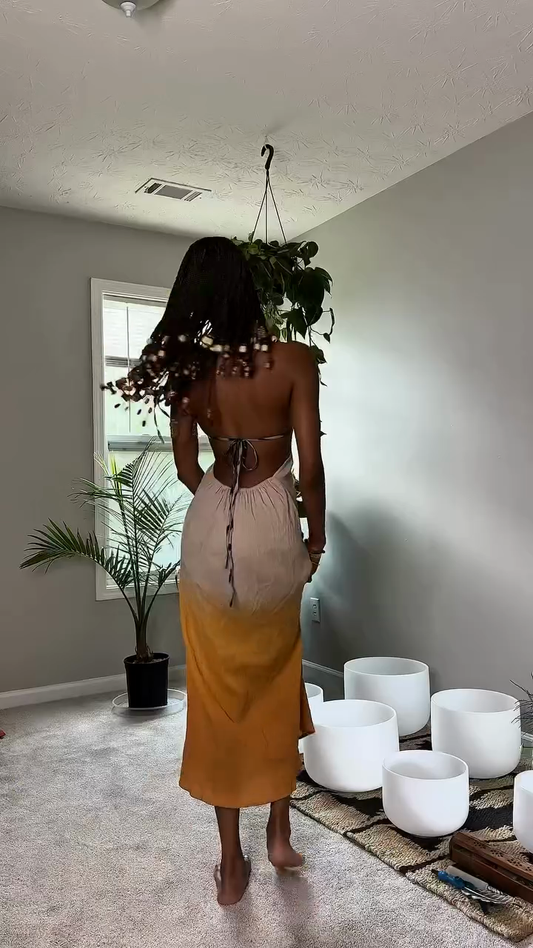 Asymmetric Color - Block Halter Maxi Dress