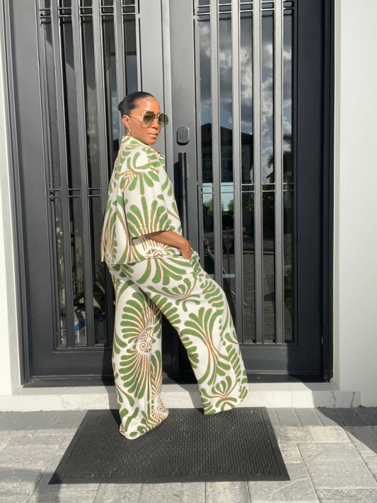 Green - Print Shirt & Wide - Leg Pants Set