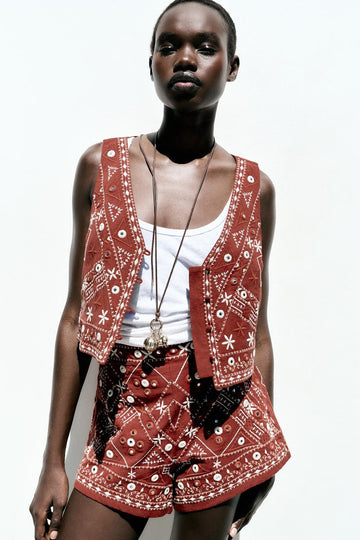 Brown Embroidered Vest + Shorts  Set