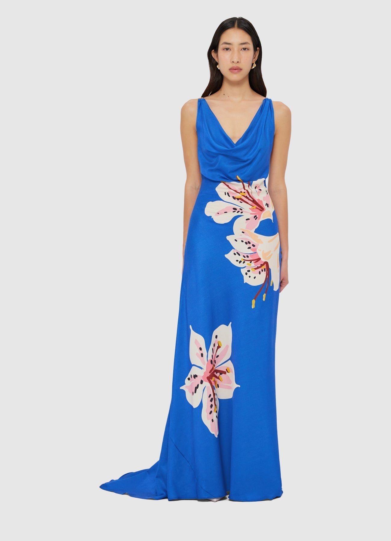 Blue Floral - Print Cowl Neck Maxi Dress