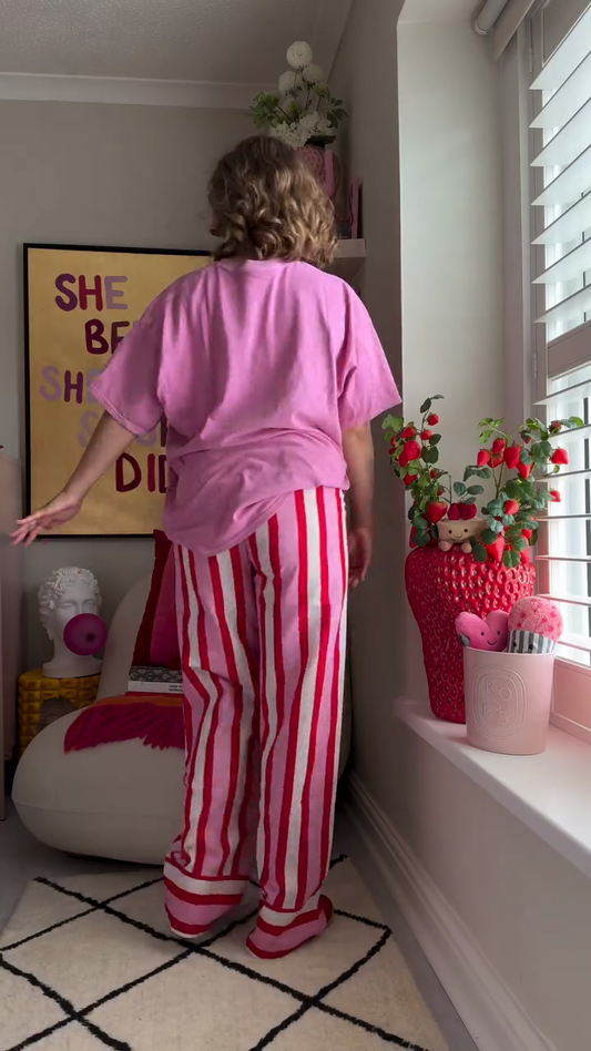 Pink Graphic T - shirt with Red and White Striped Wide - leg Pants Set