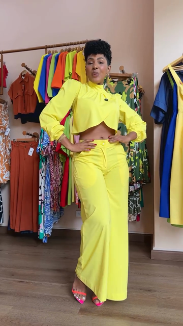 Bright Yellow Crop Top and Flared Pants Set