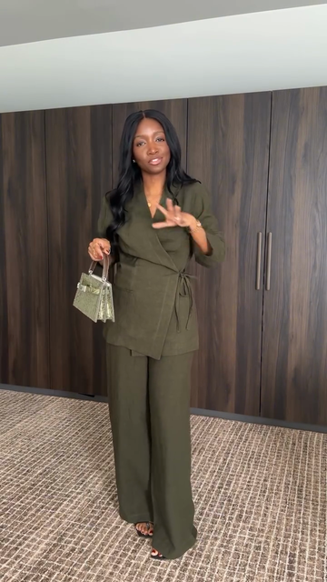 Olive Green Linen Wrap Blazer & Wide - Leg Pants Set