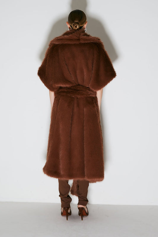 Brown Belted Faux Fur Maxi Coat