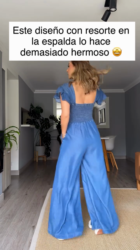 Denim Ruffle - Sleeve Jumpsuit